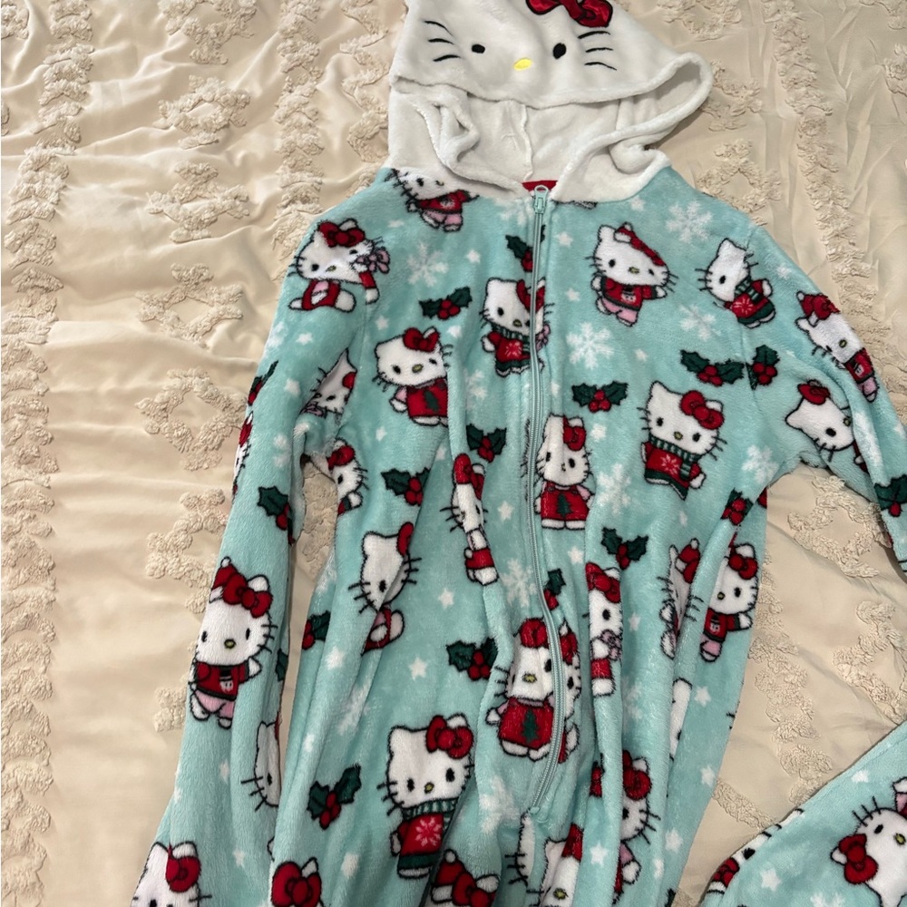 Hello Kitty Aqua and Red Plush Hooded Onesie